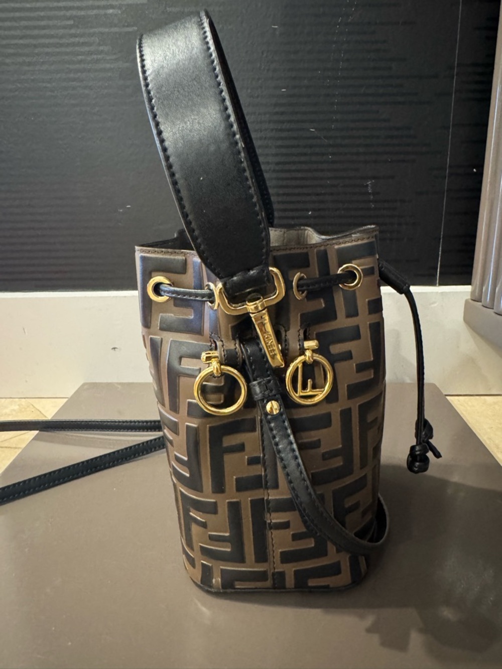 Fendi Brown FF Logo Mini Bucket Bag with Gold Hardware - Picture 6 of 12